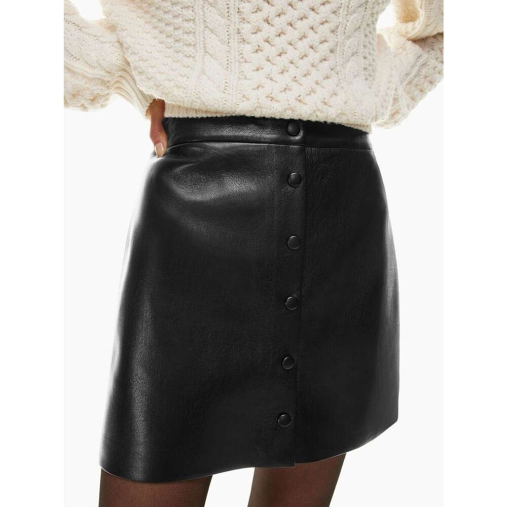 Wilfred Aritzia Manor Black Vegan Leather Mini Skirt Button Front A-Line Size 12